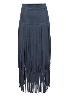 Suede Fringe Skirt in Navy by Adore
