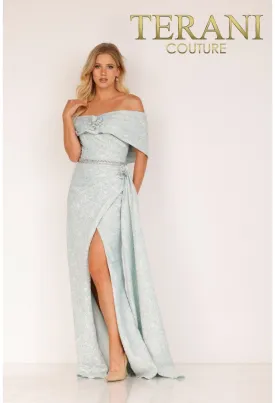 Terani Couture Silver Long Stretch Jacquard Evening Dress - 2011e2105
