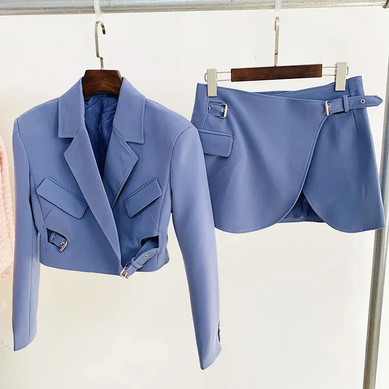 Trend4us Women’s Stylish Cropped Blazer Buckle Wrap Skirt Set