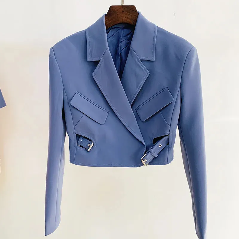 Trend4us Women’s Stylish Cropped Blazer Buckle Wrap Skirt Set