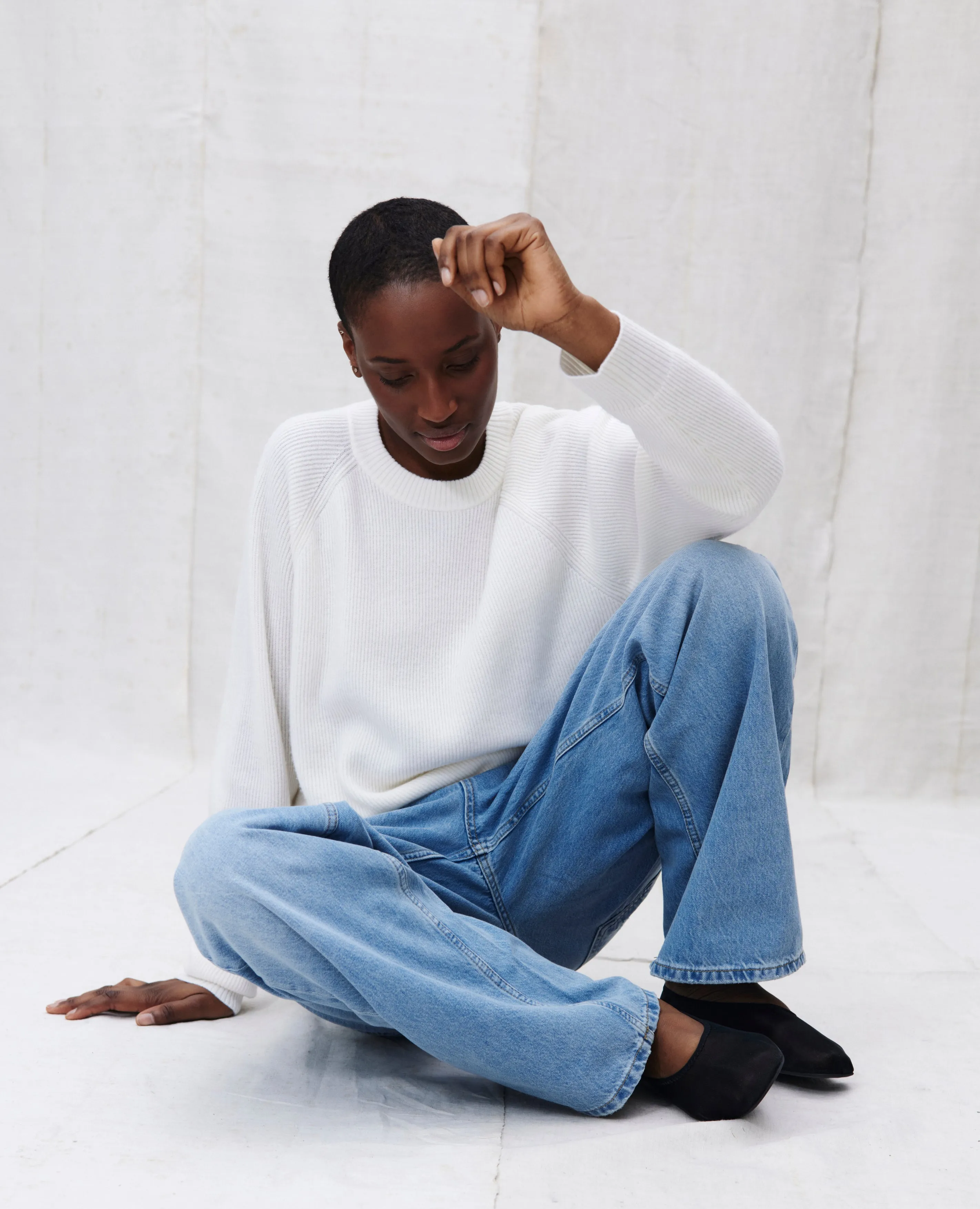 Unisex Rundhals Pullover aus Cashmere-Mischung in Weiß