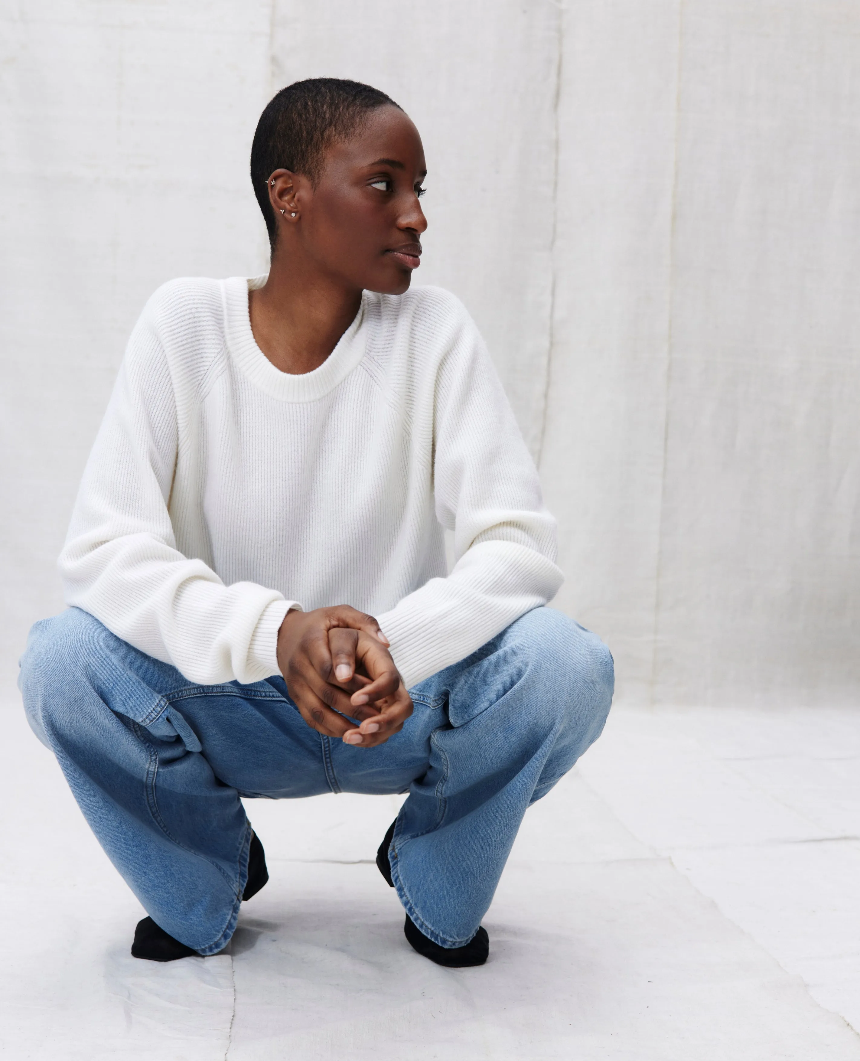 Unisex Rundhals Pullover aus Cashmere-Mischung in Weiß