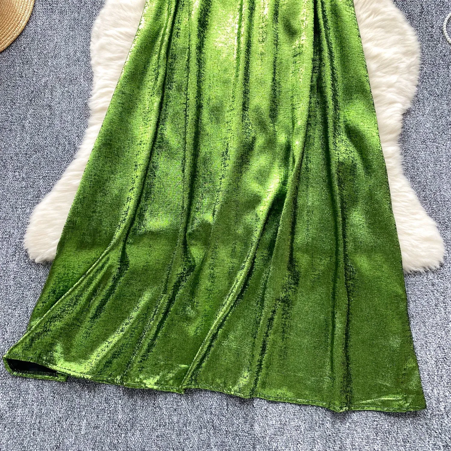 V-neck Glossy Green Slip Dress
