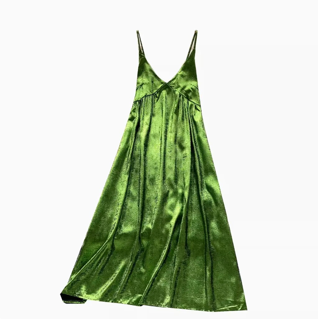 V-neck Glossy Green Slip Dress