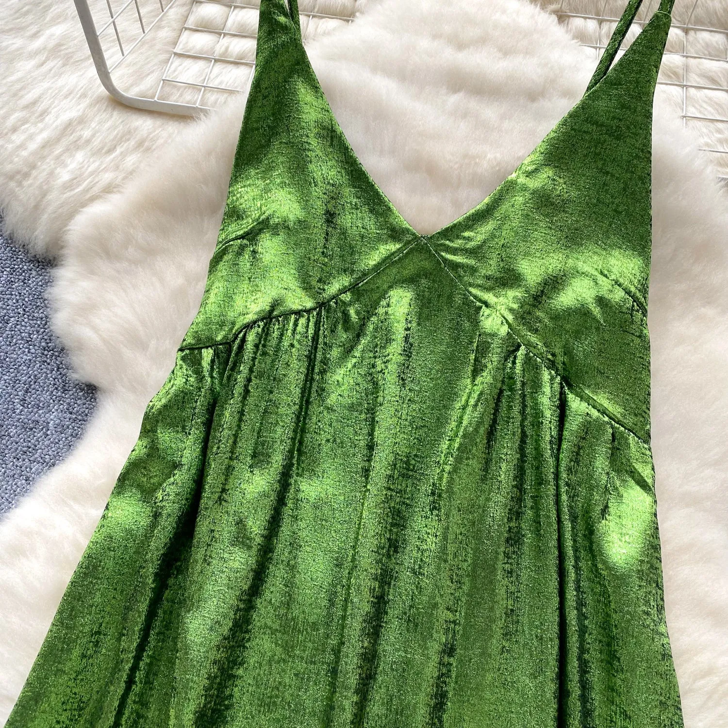 V-neck Glossy Green Slip Dress