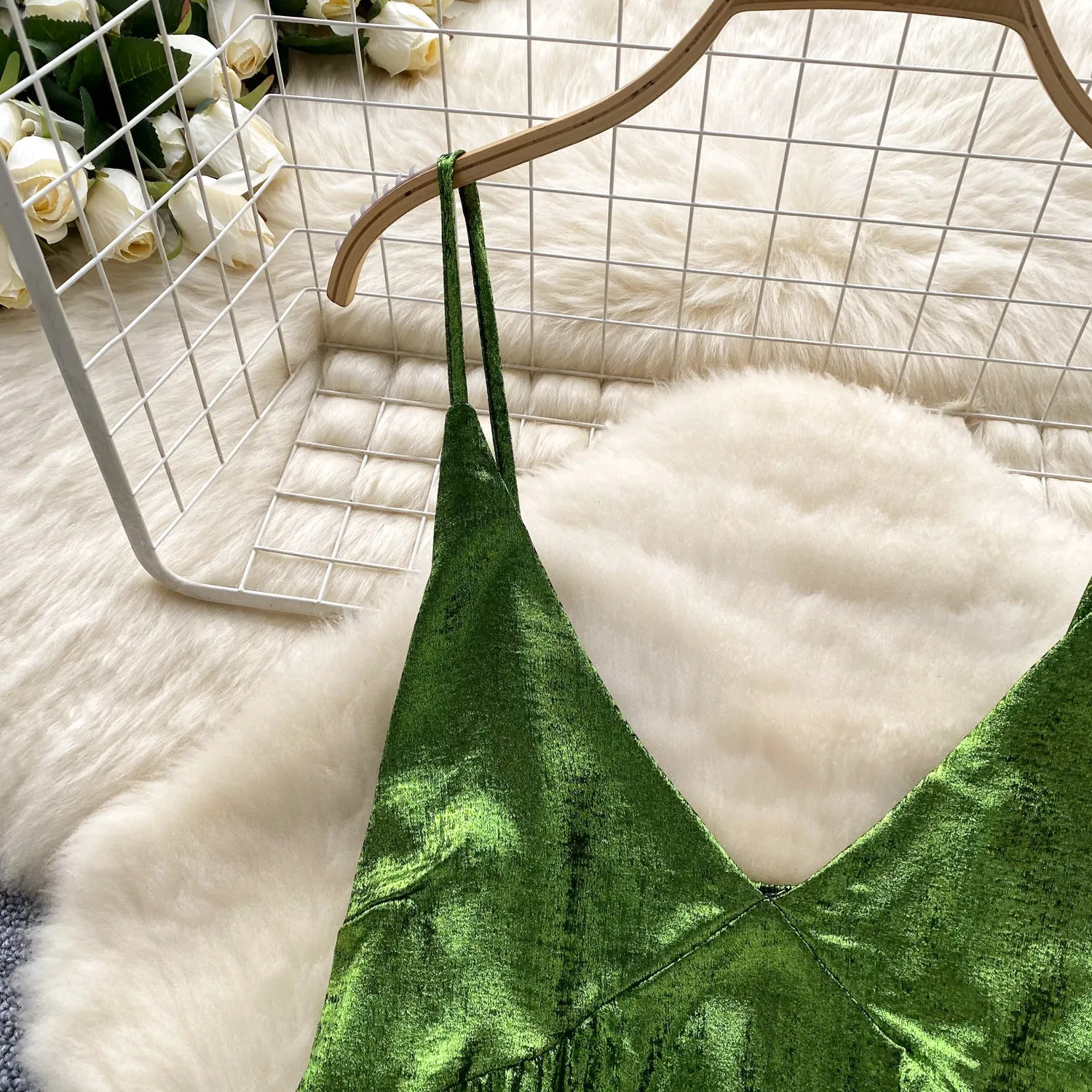 V-neck Glossy Green Slip Dress
