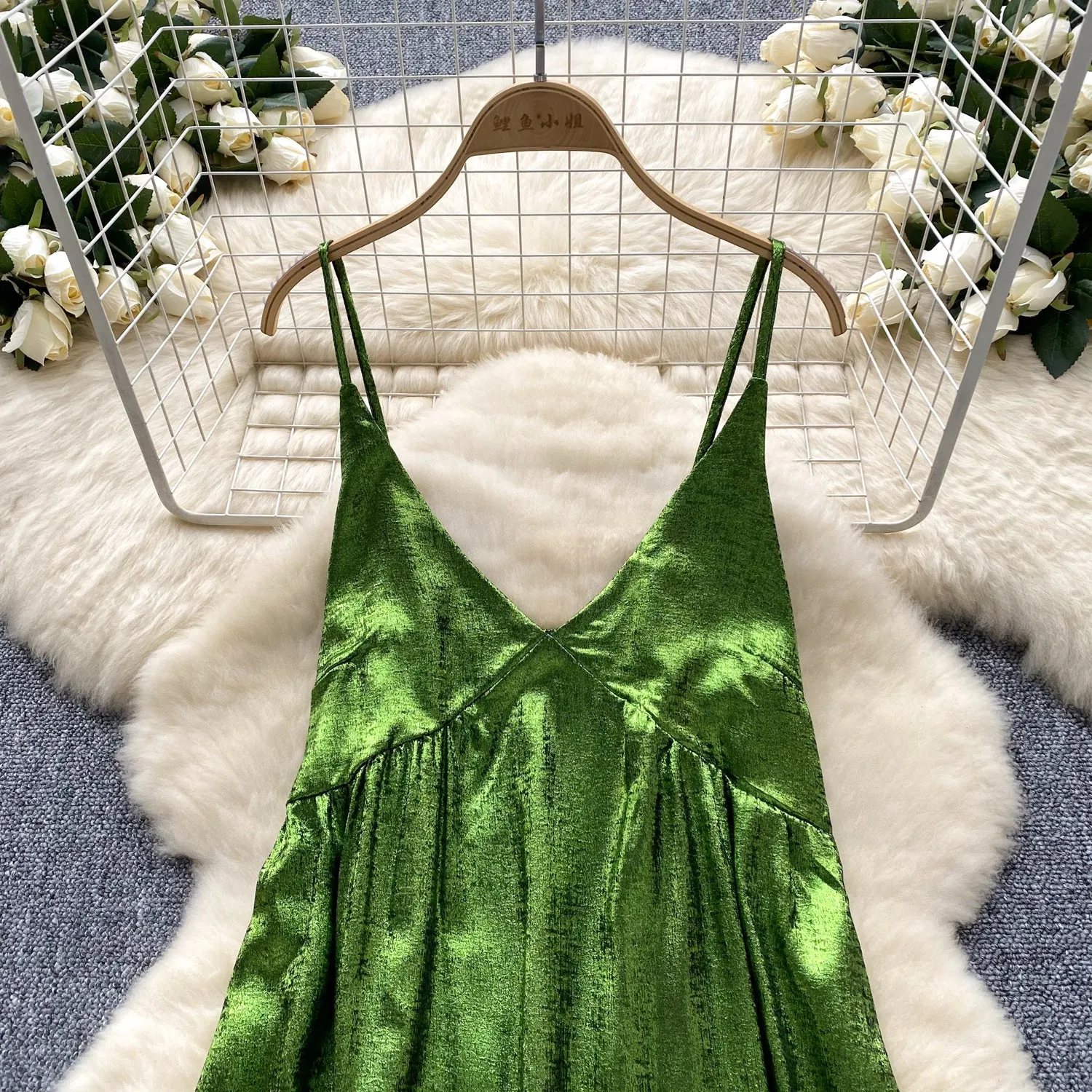 V-neck Glossy Green Slip Dress
