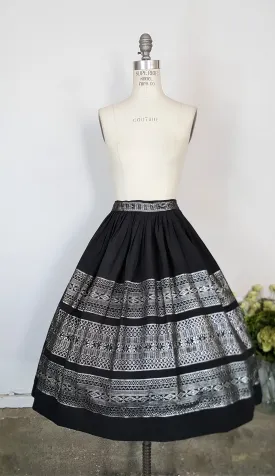Vintage 1950s Black Full Circle Skirt With Silver Thread Embroidery