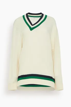 Washable Cashmere Striped Warp V-Neck Pullover in Ivory/Multi
