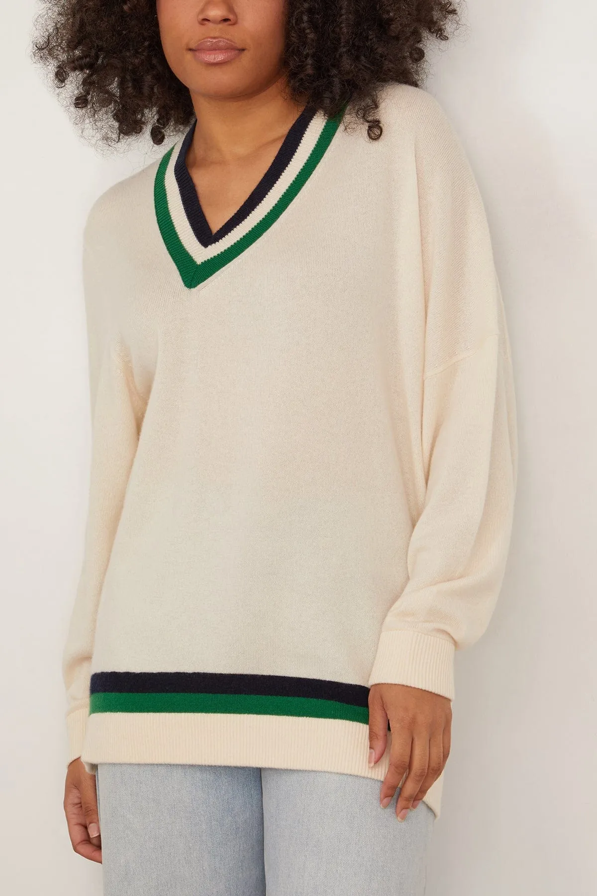 Washable Cashmere Striped Warp V-Neck Pullover in Ivory/Multi