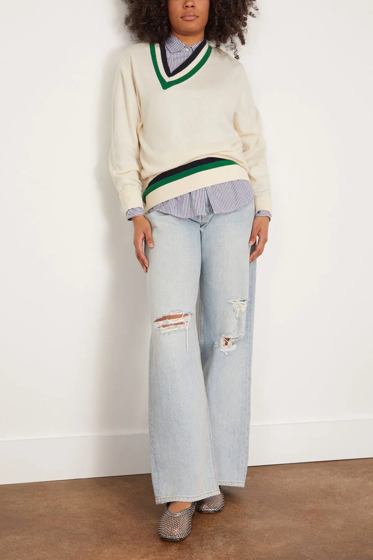 Washable Cashmere Striped Warp V-Neck Pullover in Ivory/Multi