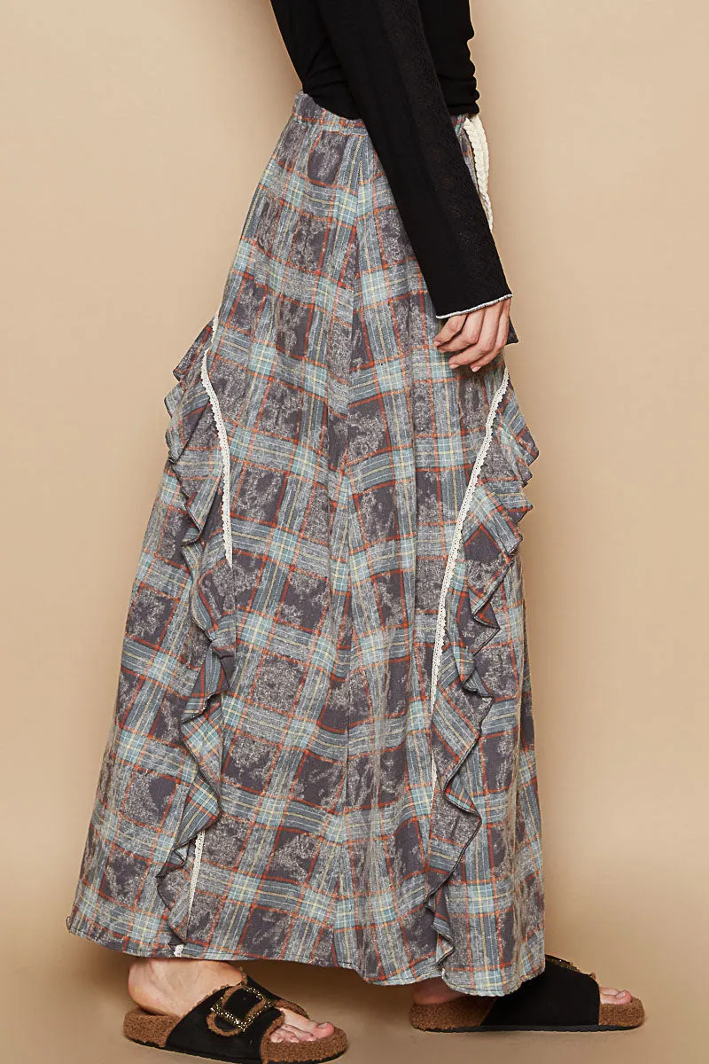 Washed Plaid Ruffle Skirt-9919