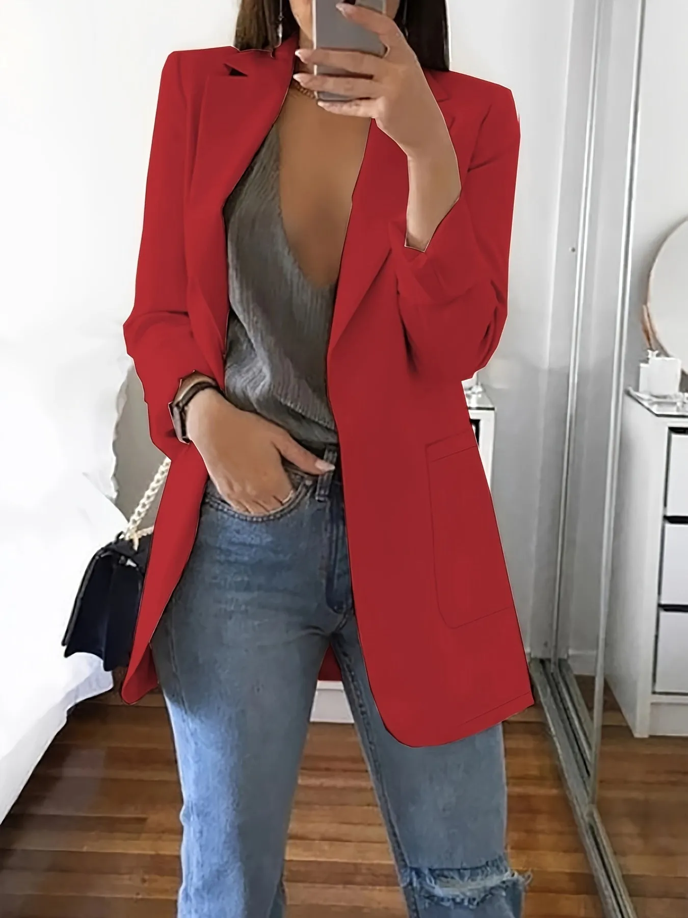 Women's Elegant Solid Colour Long Business Blazer with Notched Lapel | Ideal for All Seasons