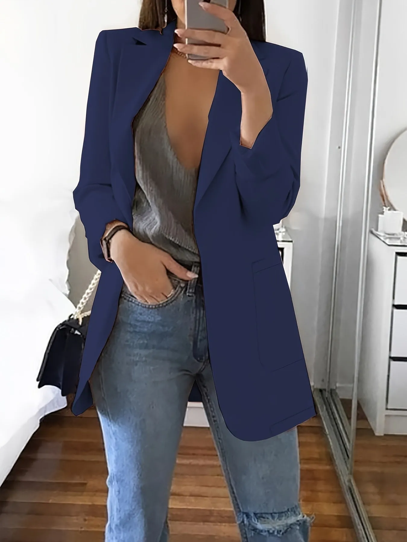 Women's Elegant Solid Colour Long Business Blazer with Notched Lapel | Ideal for All Seasons