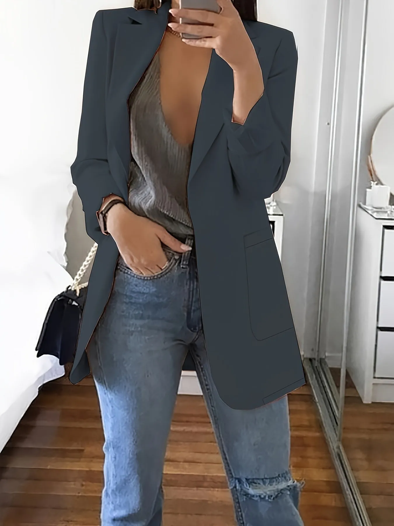 Women's Elegant Solid Colour Long Business Blazer with Notched Lapel | Ideal for All Seasons