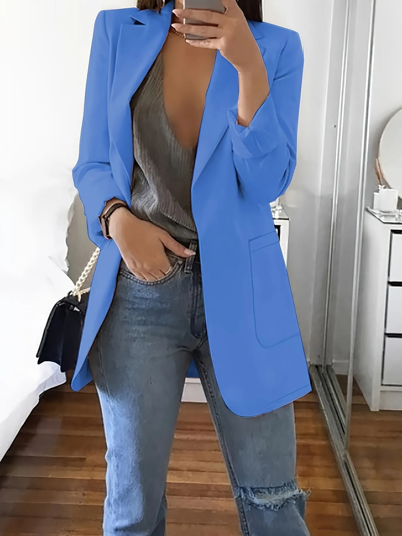Women's Elegant Solid Colour Long Business Blazer with Notched Lapel | Ideal for All Seasons