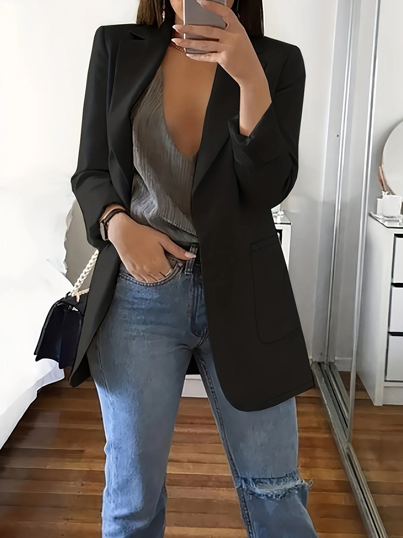 Women's Elegant Solid Colour Long Business Blazer with Notched Lapel | Ideal for All Seasons