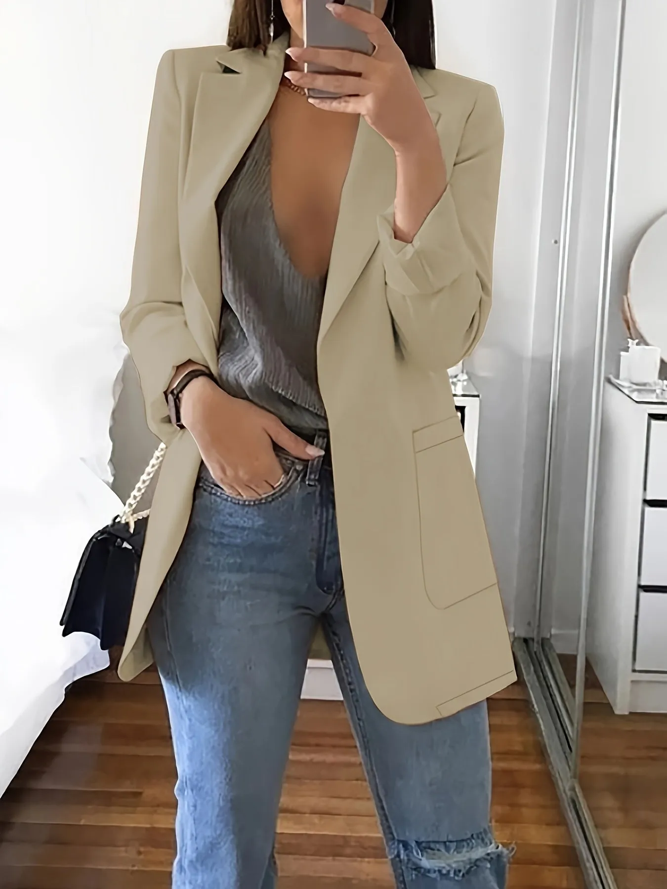 Women's Elegant Solid Colour Long Business Blazer with Notched Lapel | Ideal for All Seasons