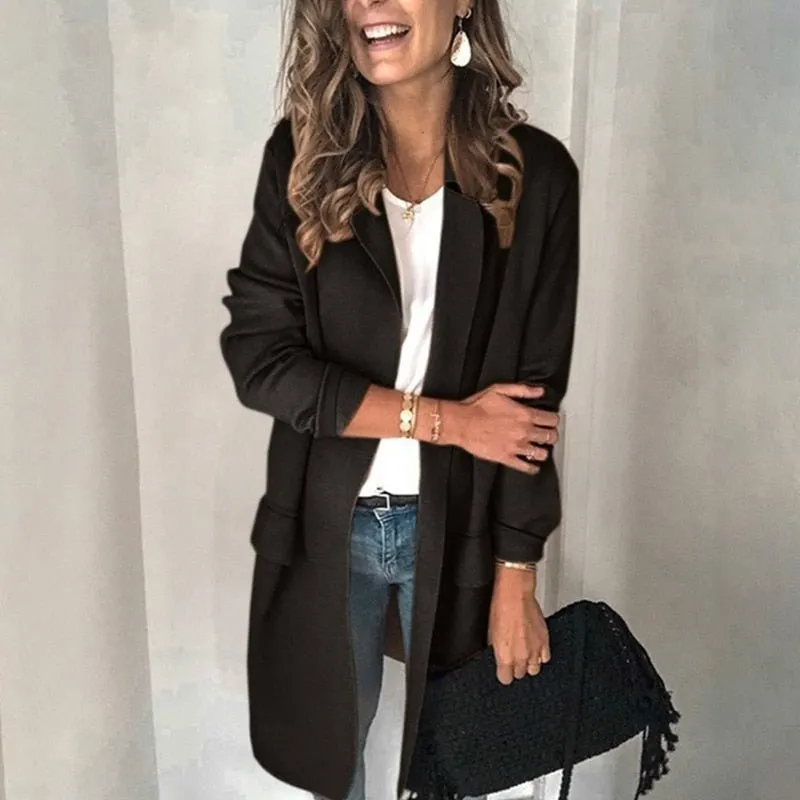 Women's Open Front Long Blazer with Pocket and Lapel  | Ideal for Autumn/Winter