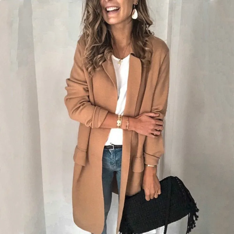 Women's Open Front Long Blazer with Pocket and Lapel  | Ideal for Autumn/Winter